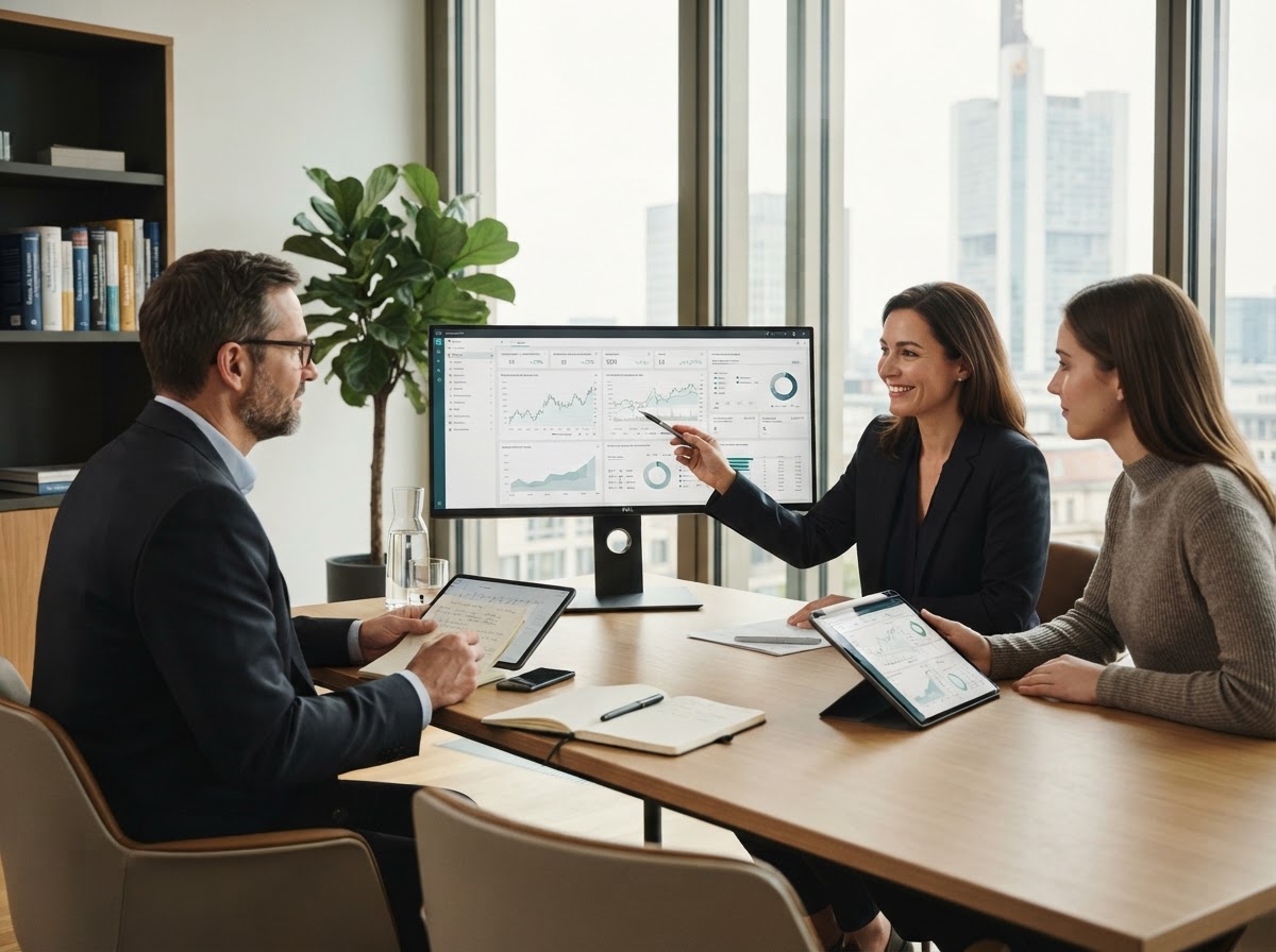 bp-wealthprogram analyst reviewing predictive model output on a secondary display